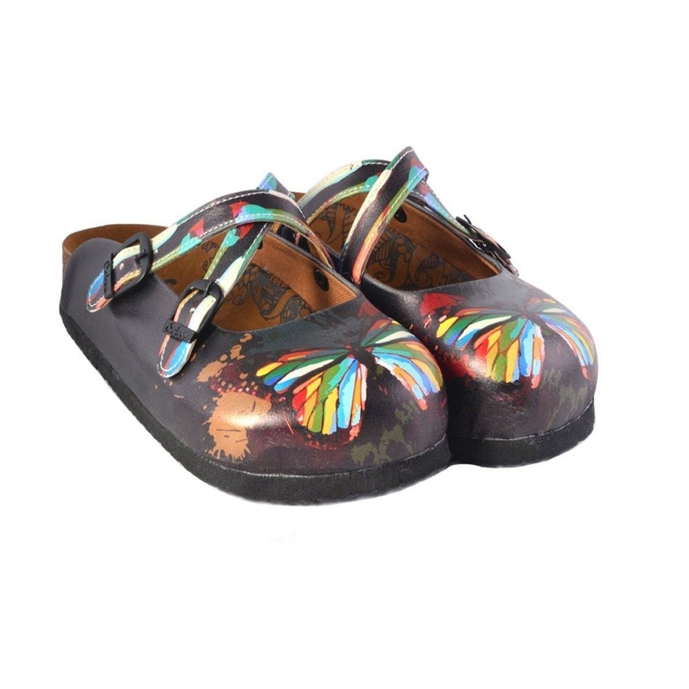 CALCEO SZ 37 BLACK AND RAINBOW COLORED, BUTTERFLY PATTERNED CLOGS - WCAL158